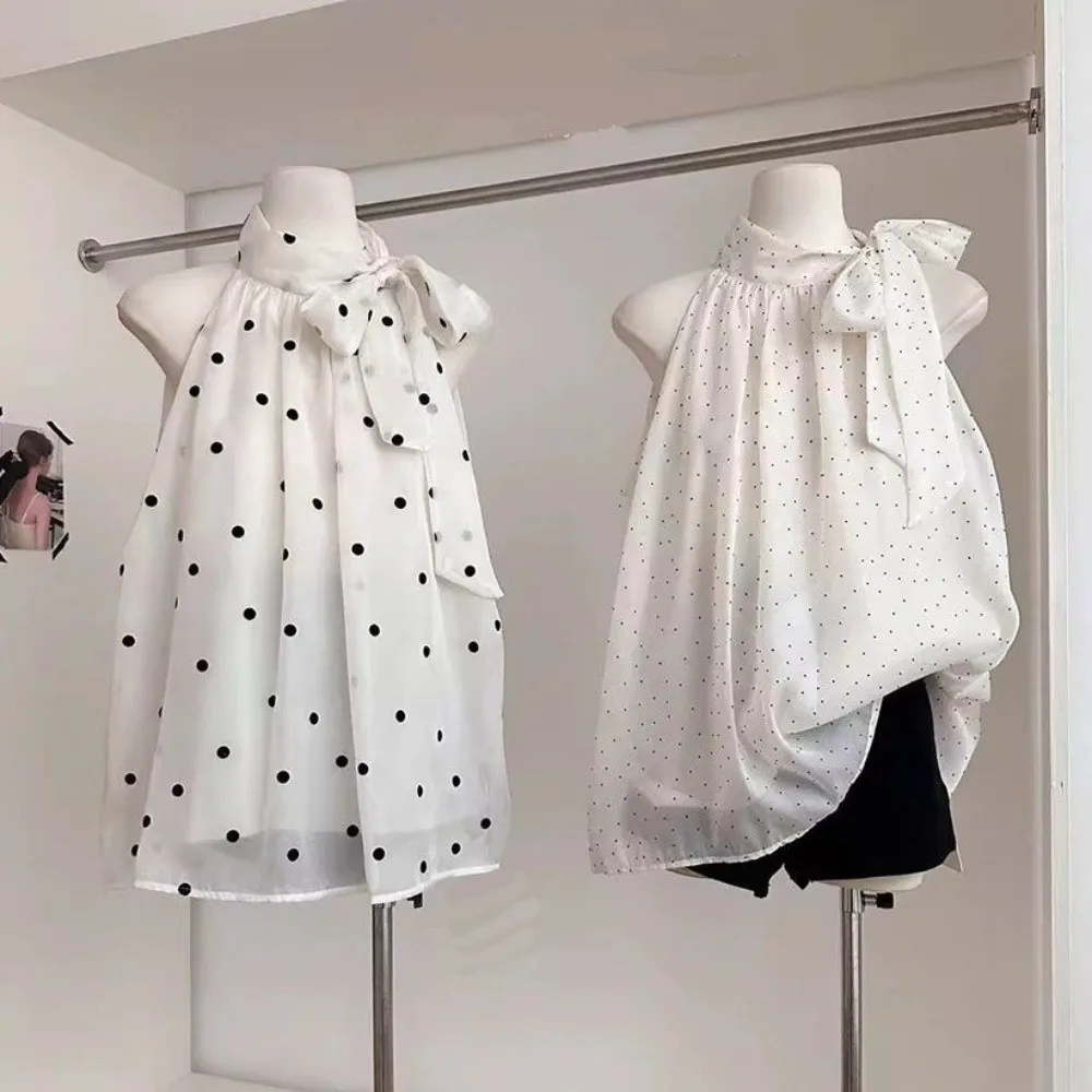 

Chic Bow Polka Dot Shirt Gentle Y2k Hanging Neck Sleeveless Top French Style Retro Chiffon Shirt Spring and Summer