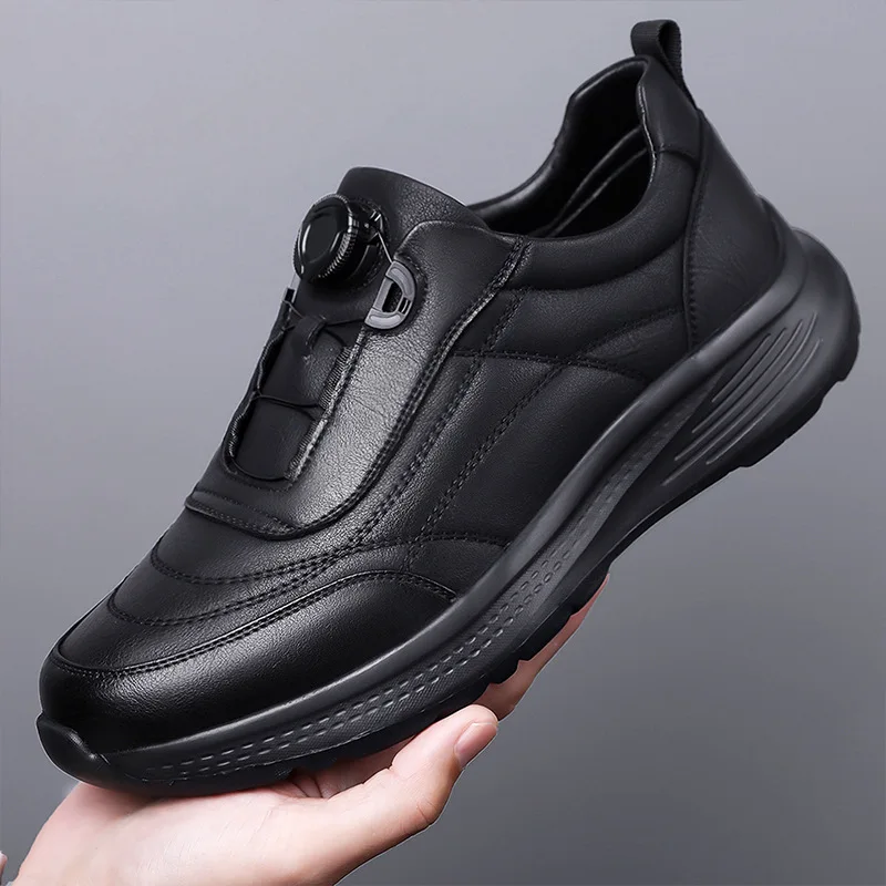 Spring Autumn New Cow Leather Sneakers for Men Solid Color Fashion Casual Shoes Male Rotating Button Sports Running Shoes Man