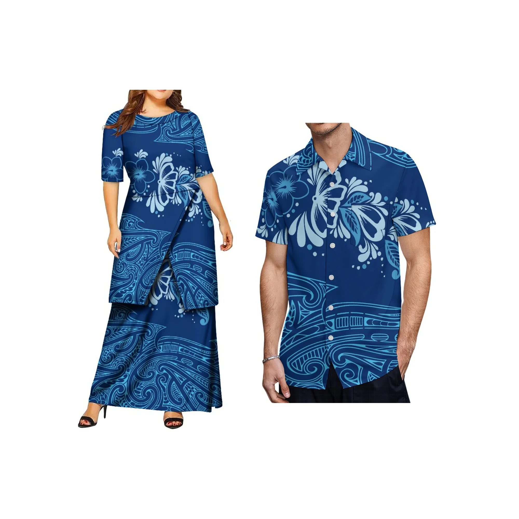 

Polynesian Custom Puletasi Half Sleeve Elegant Temperament Dress Vintage Art Print Long Round Neck Banquet Dress