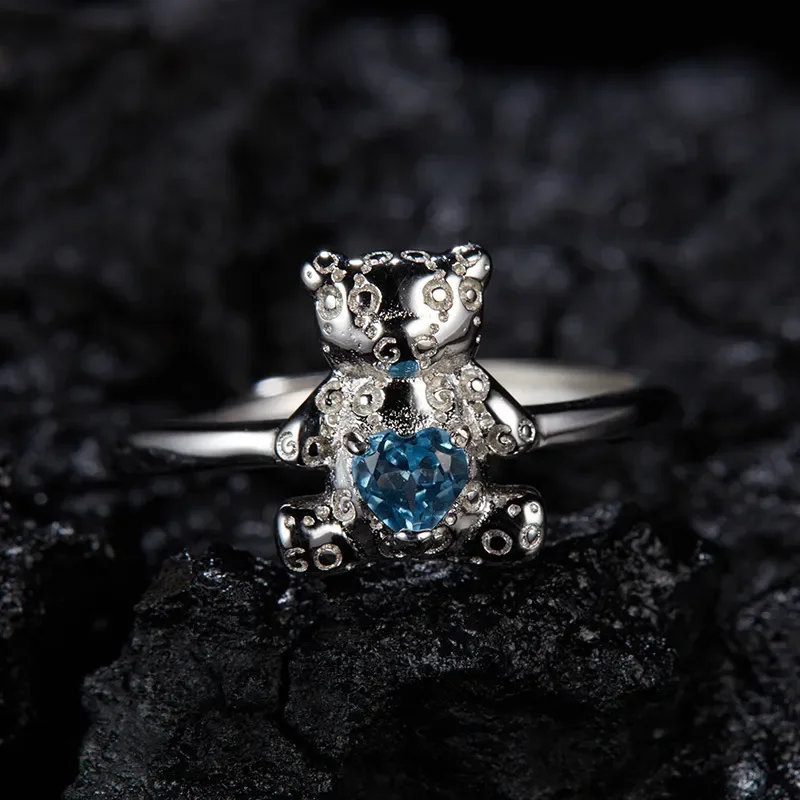 S925 silver three-dimensional bear love amethyst garnet ring women's natural gemstone live cartoon ring wholesale