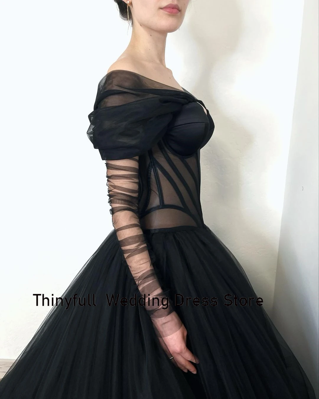 Thinyfull Black Gothic Sheer Corset Tulle Wedding Dress A-line Off Shoulder Long Sleeves Bride Dress Lace Up Bridal Gowns 2023