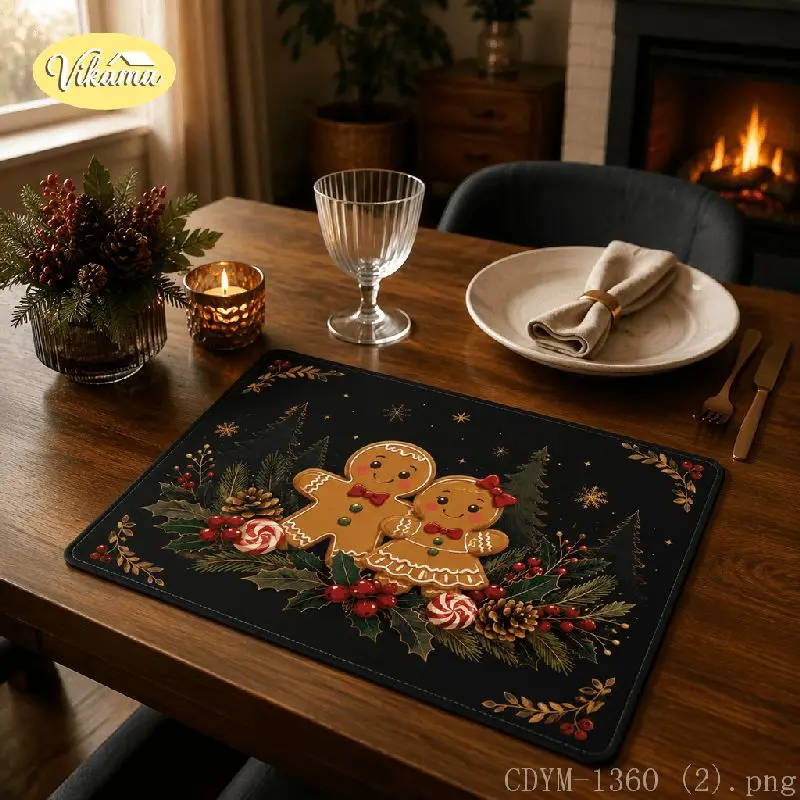 VIKAMA Christmas Gingerbread Nutcracker Placemat Holly Table Mat Dining Kitchen Holiday Home Decor Aesthetic Art Large Premium