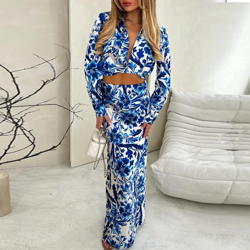 

Vintage Print Hollow Out Two Piece Set Women Sexy Draped Crop Top & Long Skirts Outfit New Summer Spring Long Sleeve Office Suit
