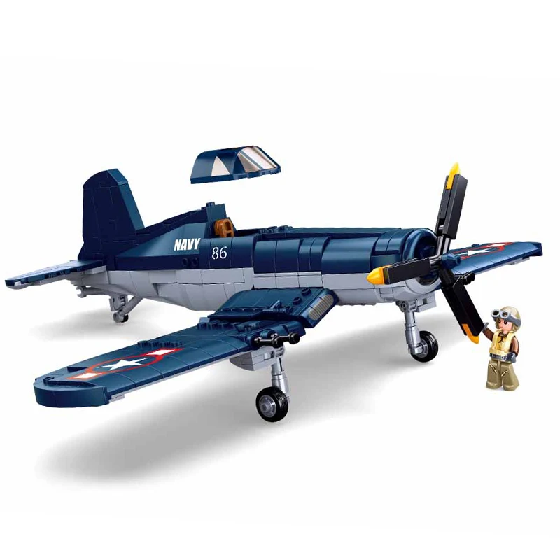 Sluban WW2 Technical Military Bomber US Plane Model Building Blocks F4U Attack Fighter Aircraft Helicopter Bricks Toys Kids Gift