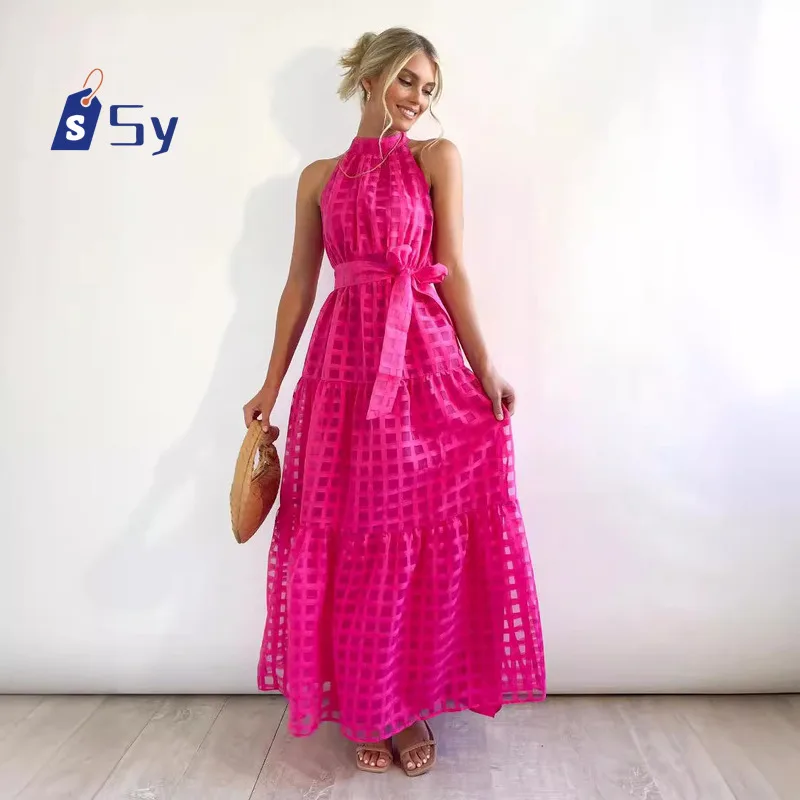 Sy 2024 Frauen lässig Mode Strand hohl langes Kleid elegante weibliche ärmellose Kleid Mesh Ausschnitt Kleid Abendkleid