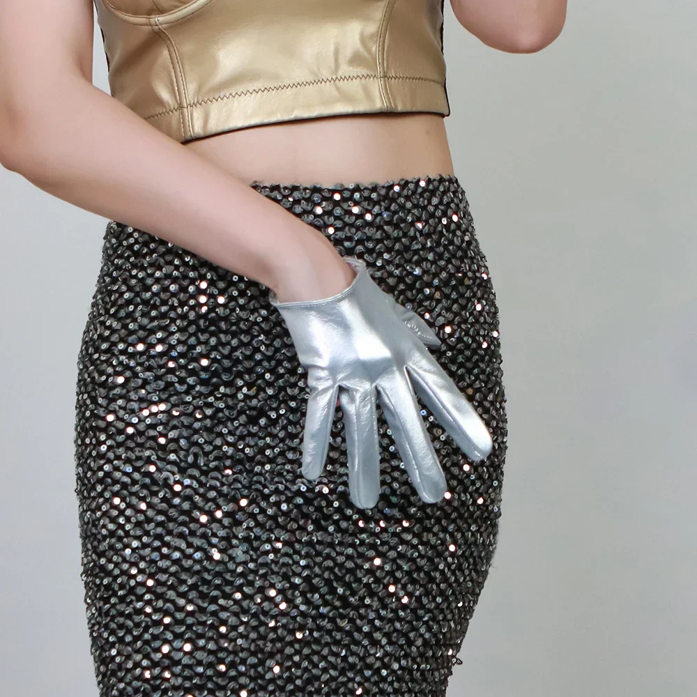 13cm skórzane rękawiczki damskie krótkie styl ze sztucznej owczej skóry damskie Pu czarne błyszczące czerwone impreza w klubie nocnym Cosplay Disco