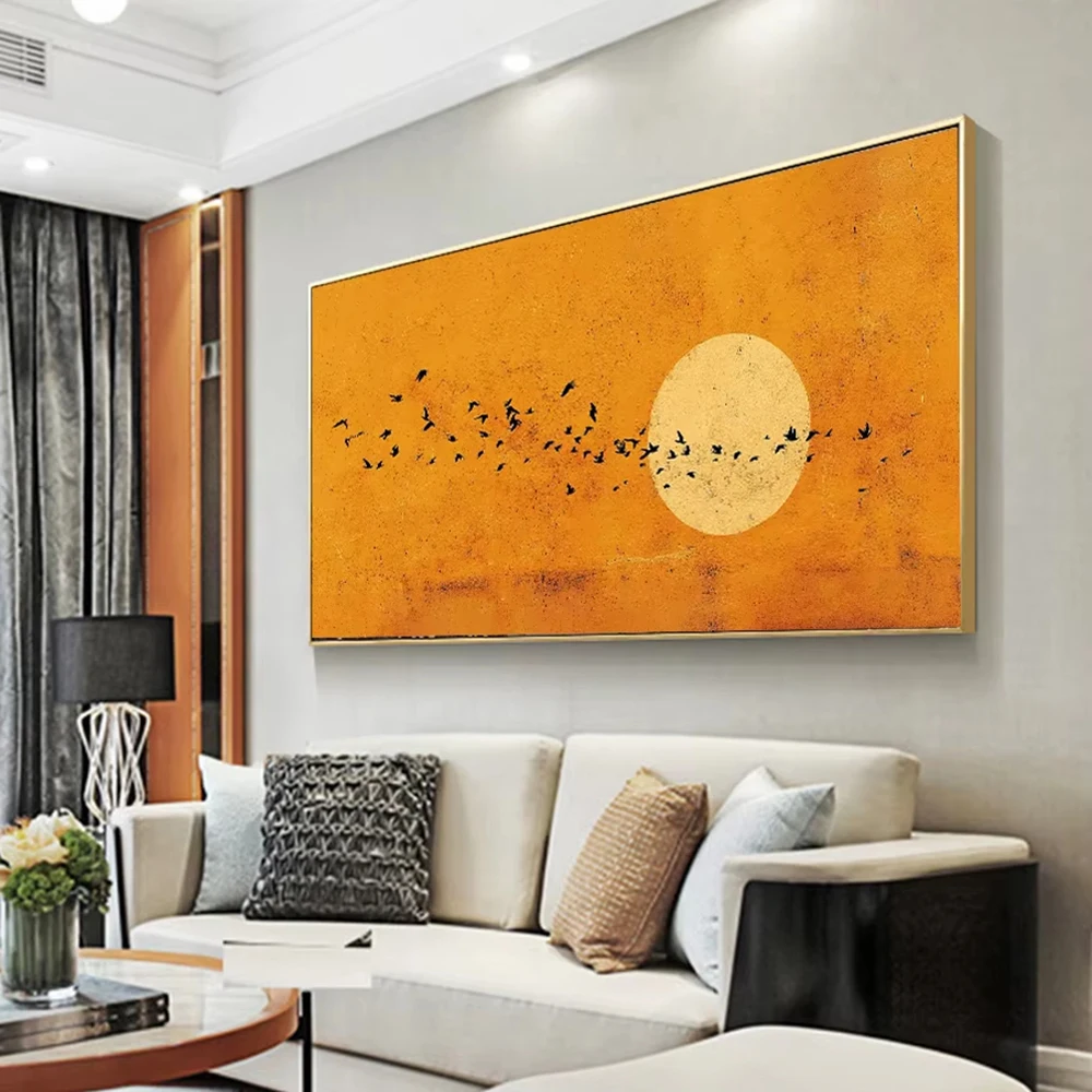 Bambus- und Kranich-Landschaft Leinwandgemälde Dekor Japanische Goldene Minimalistische Leinwandkunstdrucke Vollmond und Vögel Wandkunst Poster – Detail 7