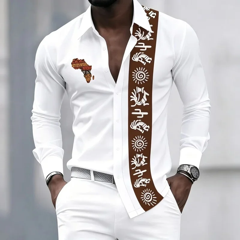 Men's long-sleeved shirt with flame and musical symbol print, suitable for commuting, parties, performances, and casual wear.