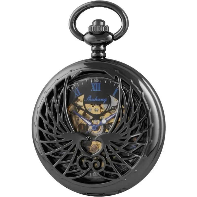 Men's double-open case black wings design mechanical pocket watch, skull case Roman digital mechanical pocket watch