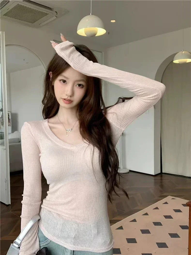 Summer T-shirts Women Sunscreen Sheer Tender All-match Slim V-neck Korean Style Temper Minimalist Holiday Daily Ulzzang Pure
