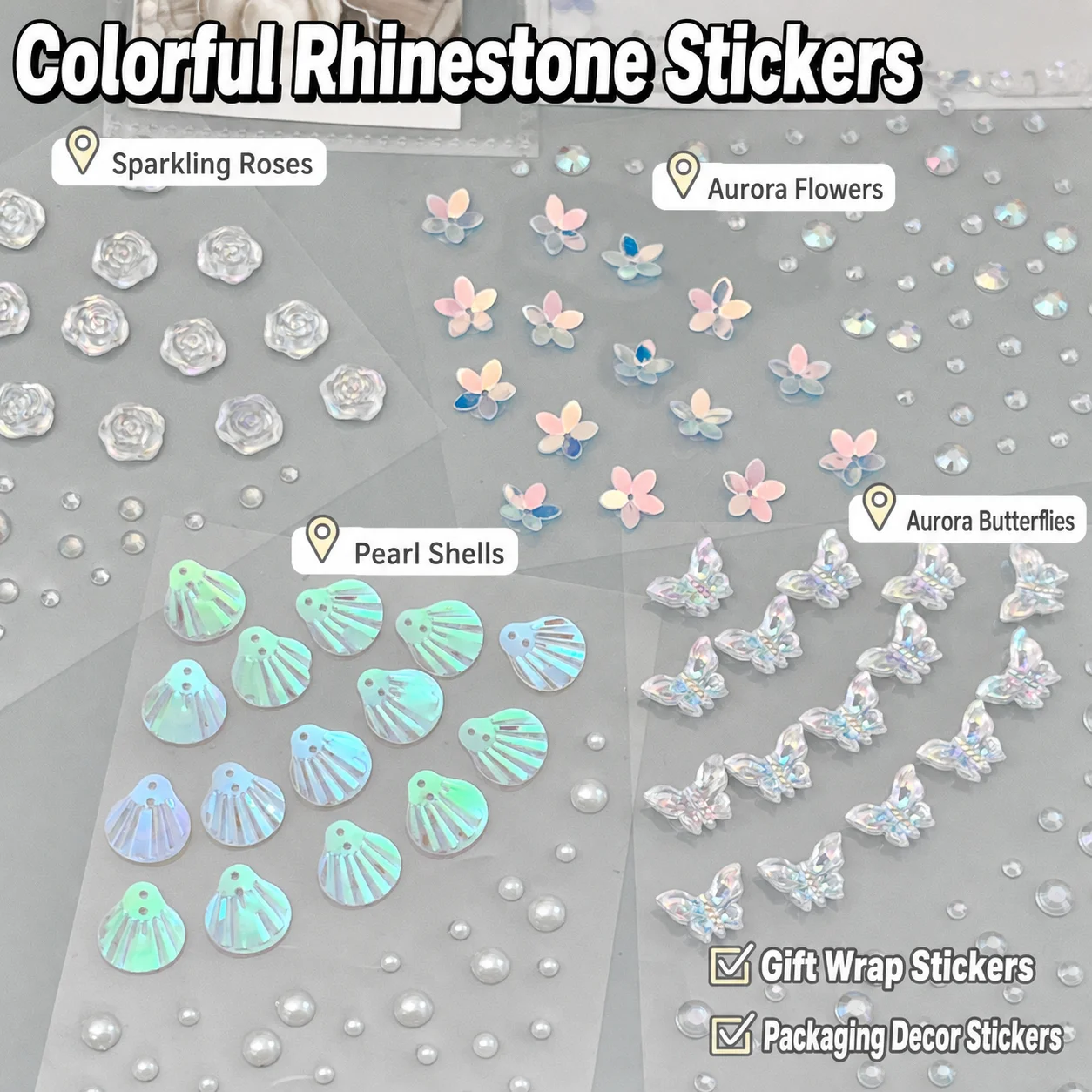 3D Shiny Butterfly Shell Rose Self-Adhesive Acrylic Rhinestone Stickers Sheet Laser Color Charms for DIY Scrapbooking Face Decor