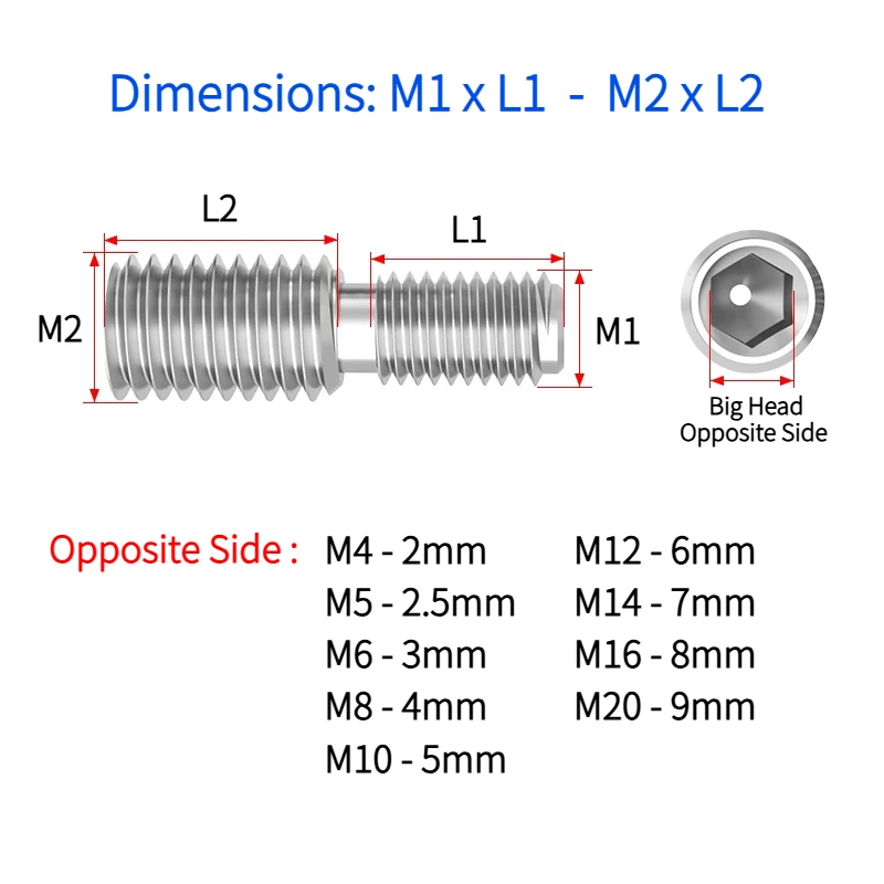 M3 M4 M5 M6 M8 M10 M12 M14 M16 M20 Thread Adapter Male to Male Bolts 304 Stainless Steel Conversion Double Head Transfer Screws