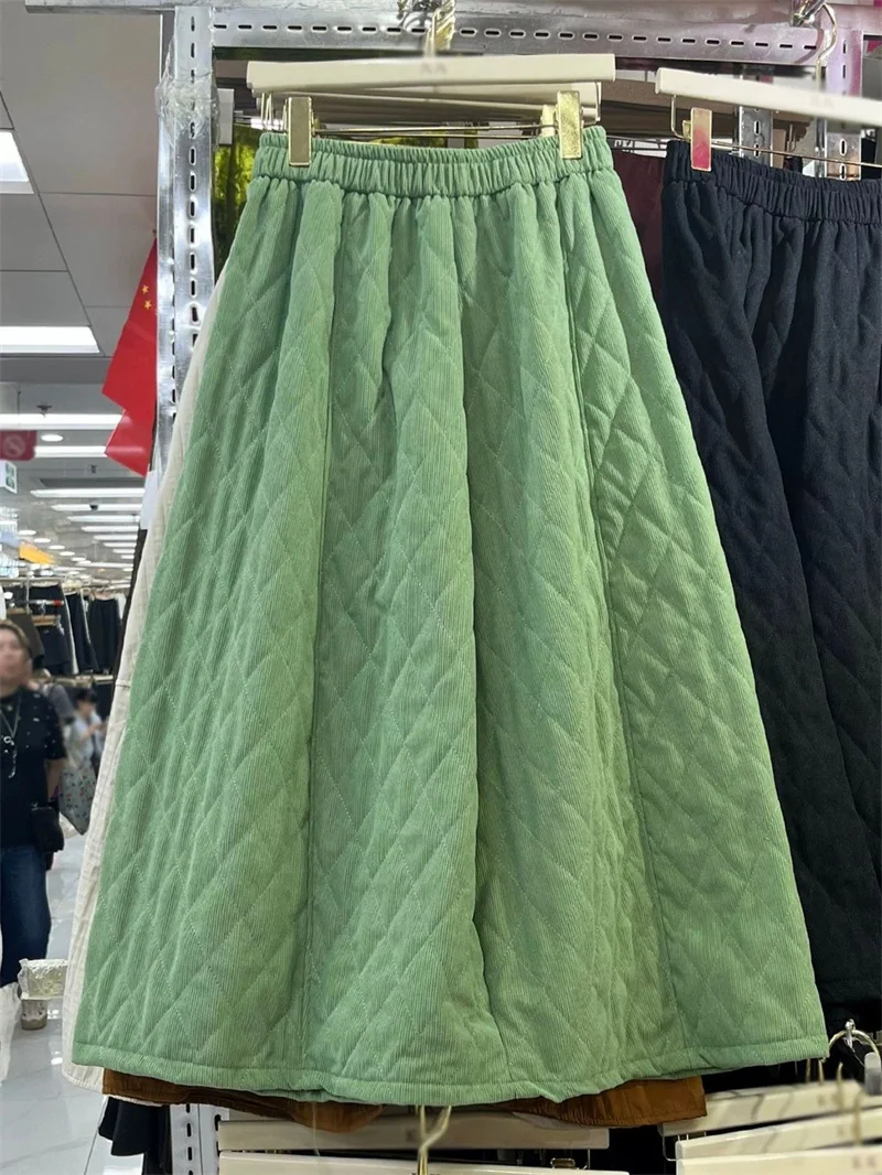 2026 Winter Fashion Diamond Grid Cotton Half Skirt Women Skirts New High Waisted A-line Skirt Medium Long Warm Casual Skirt