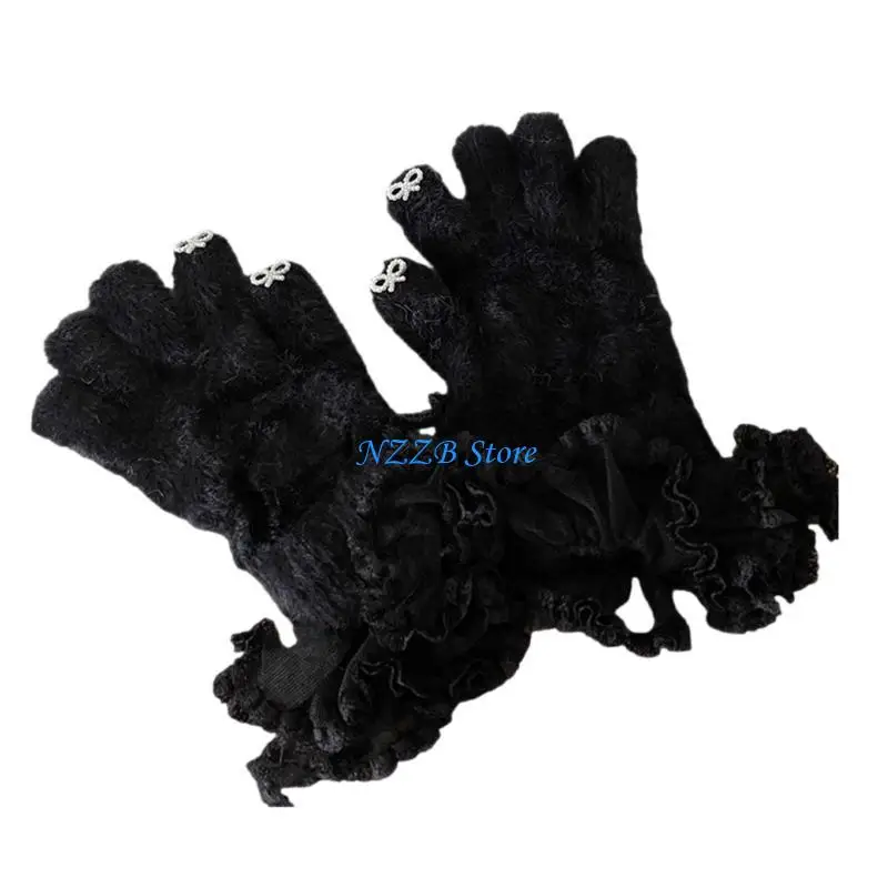 

T21F Furry Warm Rabbit Furs Gloves Coldproof Gloves Women Fashion Lace Cuffs Gloves