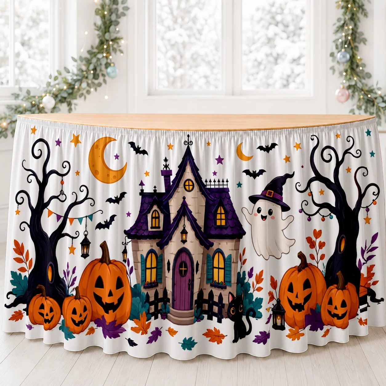 A Halloween-themed haunted mansion, featuring pumpkins, bats, ghosts and distorted trees.zyc