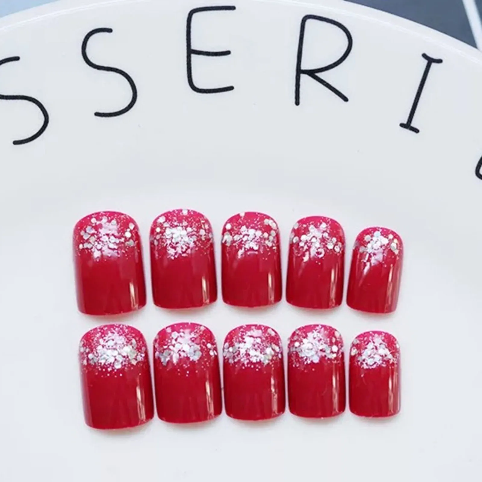 Glossy Red Fake Nails with Glitter Printed Chip-Proof Smudge-Proof Fake Nails for Women and Girl Nail Salon