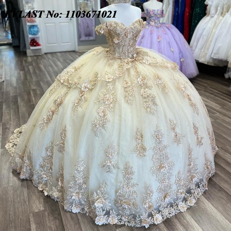 

EVLAST 2024 Champagne Ball Gown Quinceanera Dress Beaded Crystals Appliques Lace Corset Sweet 16 Vestidos De XV 15 Anos SQ171