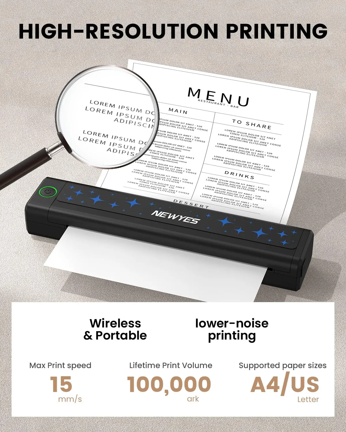 NEWYES Portable Thermal Printer Inkless Printer Wireless Connectivity Business Travel Home Education Use