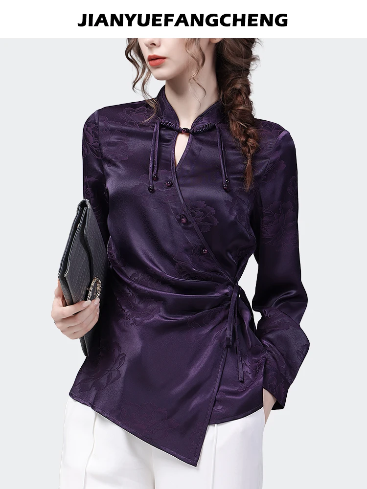 Vintage Women Purple Jacquard Satin Blouse Long Sleeve Stand Collar Spring Summer Tops Fashion Slimming Irregular Lace-up Shirt