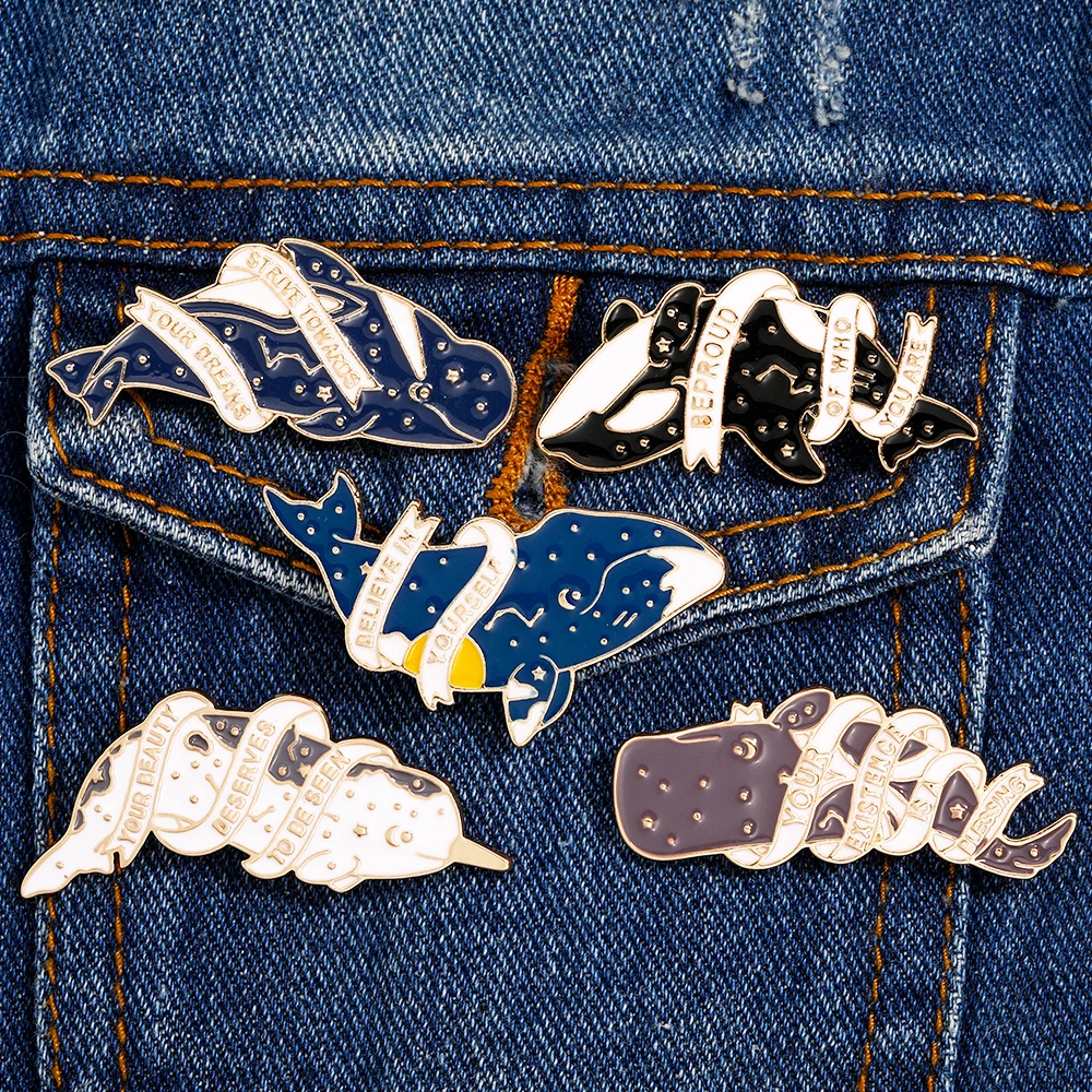 Creative Beautiful Meaning Letter Around Whale Enamel Pins Hope Words Believe In Yourself Strive Towards Your Dreams Brooches