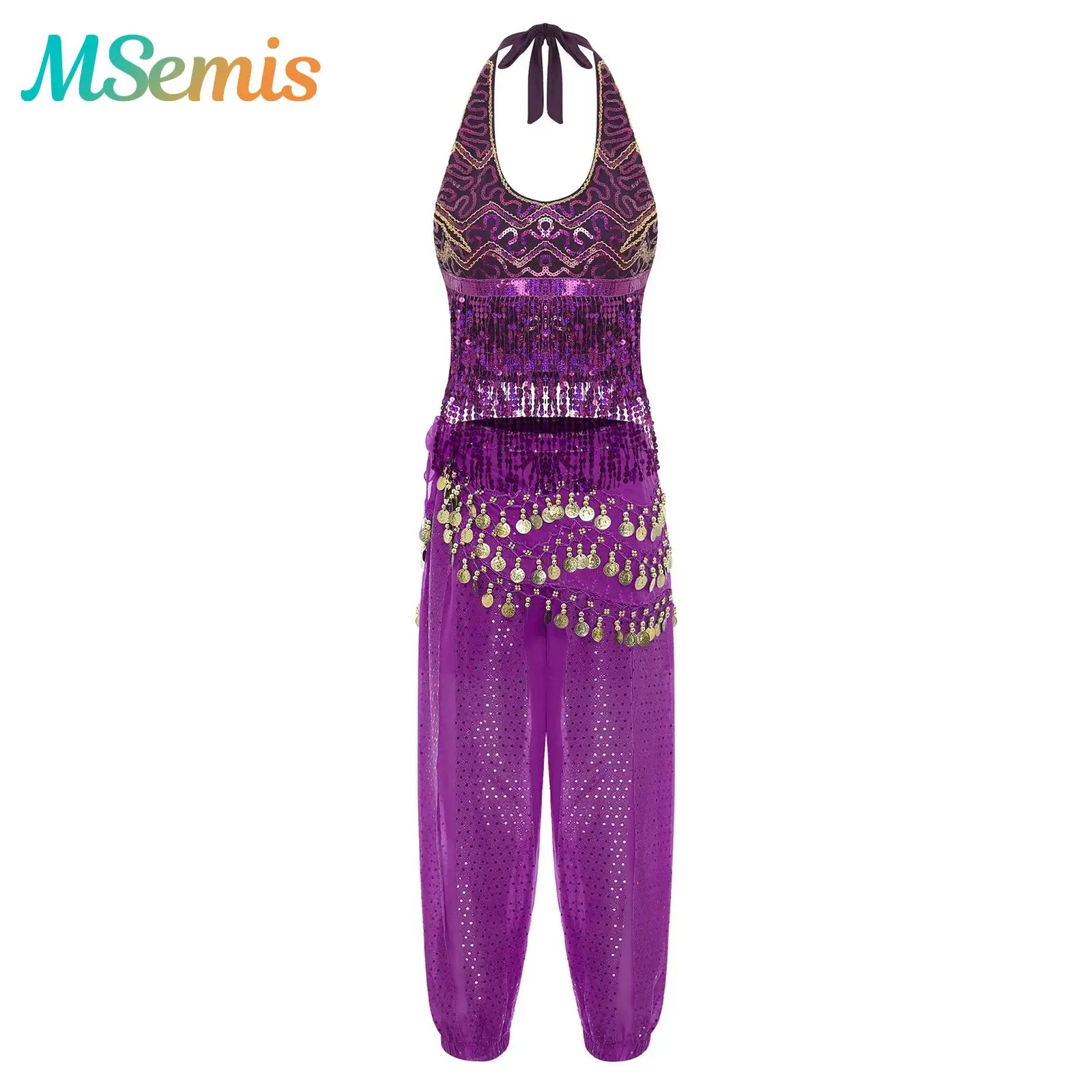 Womens Indiase buikdans outfit buikhout Halloween prestatie kostuum kwastje crop top en bloeiers lange broek met heupsjaal