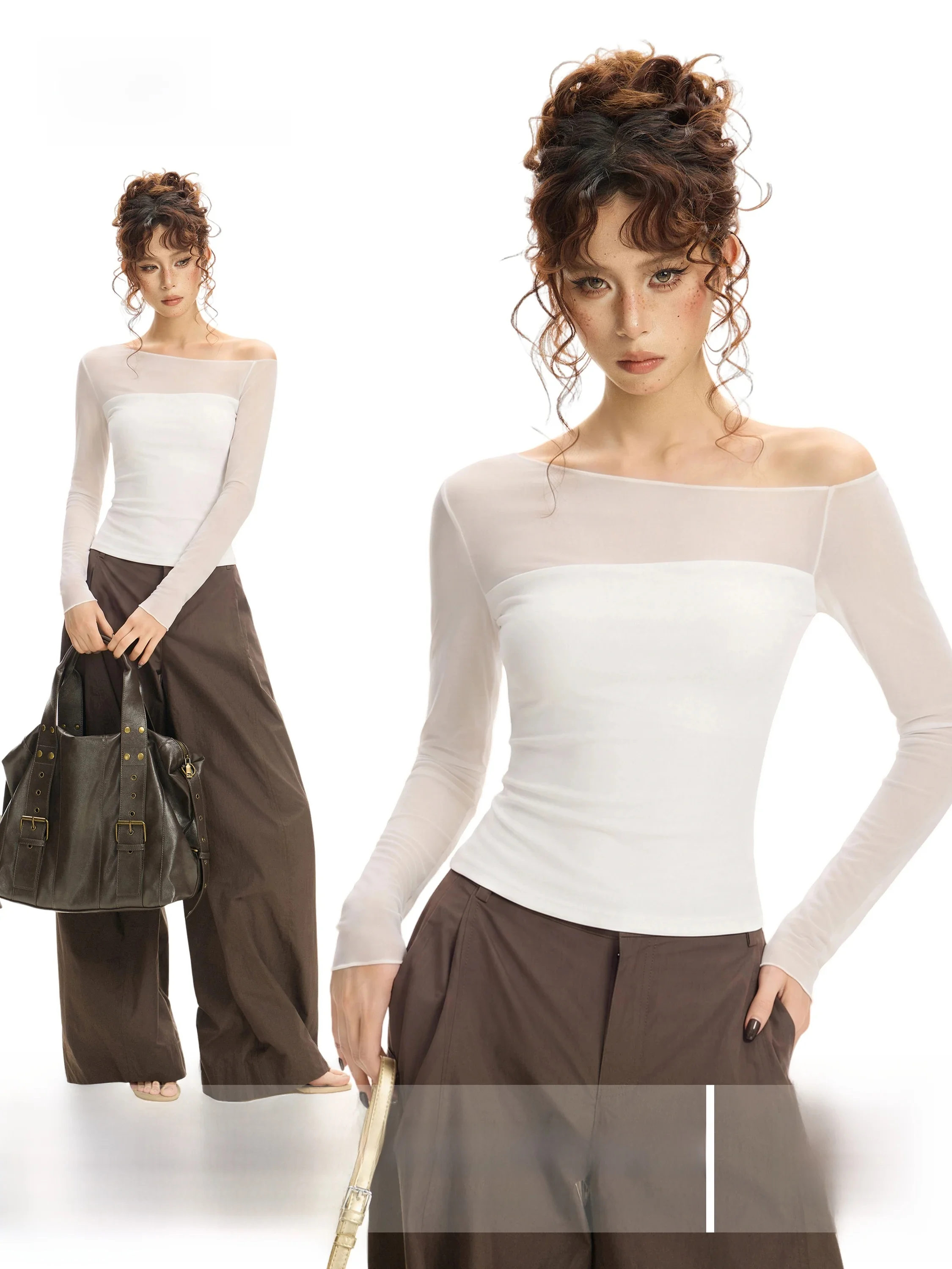 White Fake Two-Piece Shoulder Bared Long Sleeve T-Shirt Women Summer Design Thin Mesh Cover up Slim Short Length Top