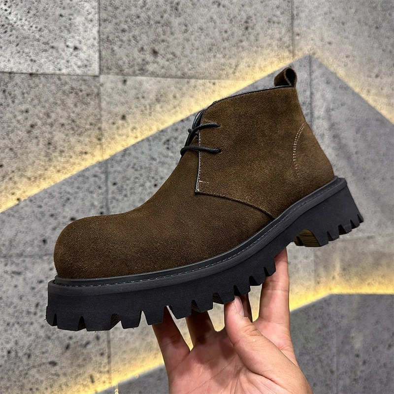 

Handmade High Top Shoes Men's Autumn/Winter Cow Suede Thick Sole Casual Lace Up Outdoor Snow Desert Work Ankle Boots Male Shoes
