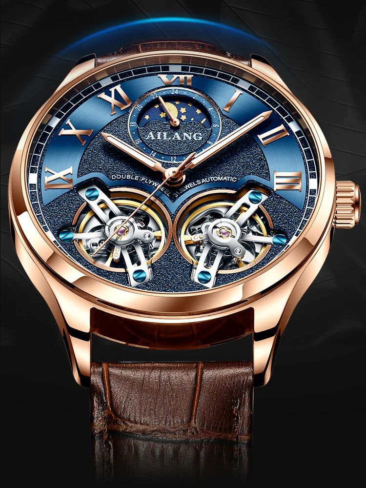 

Moon Phase Tourbillon Men Watches Rose Gold Blue Fashion Luxury Leather Strap Watch Automatic Mechanical Waterproof Clock Reloj