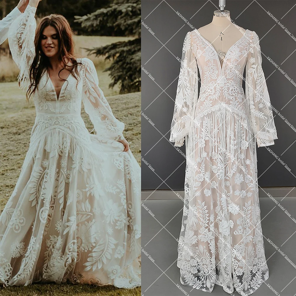 Long Puffy Sleeves Embroidered Lace Wedding Dress V Neck Backless Plus Size Hippie Boho Real Pictures Tassels Bride Gowns