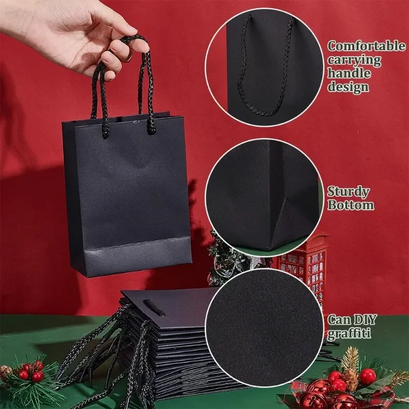 10 Pcs Thickened Kraft Paper Bags Black Paper Gift Bags Shopping Bags with Handles Recyclable Goody Bags for Gift Birthday