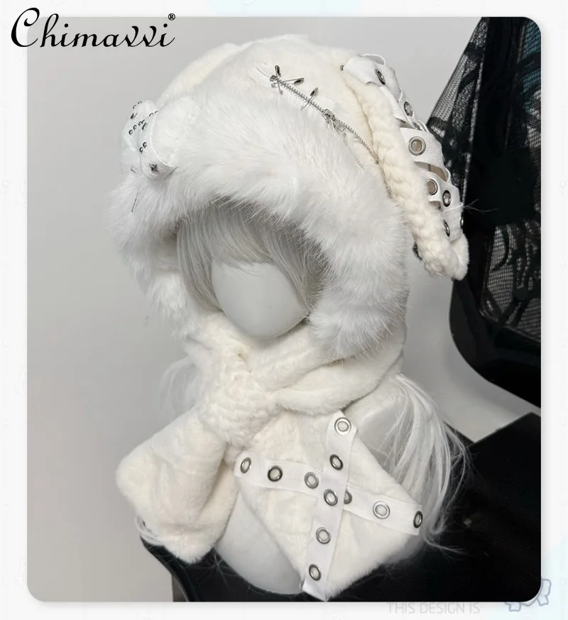 

Original Rabbit Ear Hat Japanese Subculture New Winter Punk Ear Protection Warm Fur Hat Female Girls Y2k Bone Plush Hats