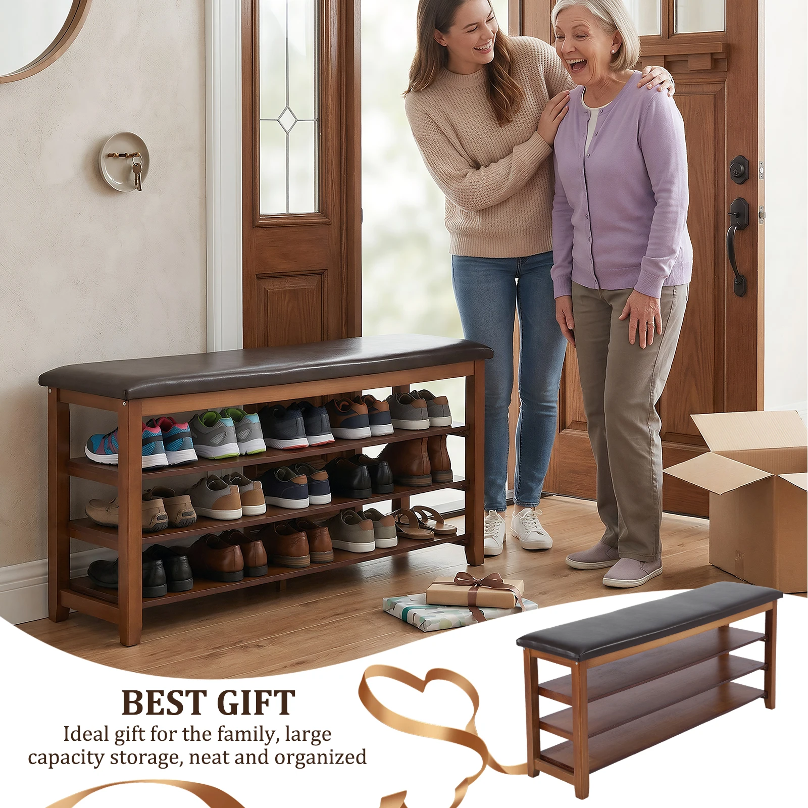 Shoe Bench with PU Leather Cushion 3-Tiers Entryway Bench Height Adjustable Ideal for Front Doors Entrances Hallway Mudroom