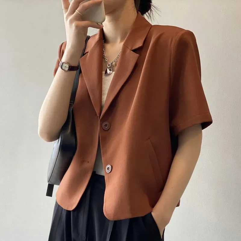 

Women's Brown Short Sleeve Cropped Blazer Casual Loose Summer Suit Jacket