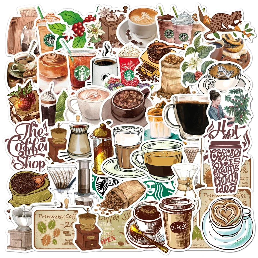 

50Pcs Coffee Stickers Cute Retro Coffee Waterproof Vinyl Stickers for Water Bottles Book Laptop Bicycle Luggage Computer Phone