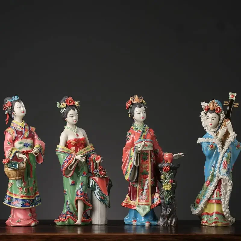 Shiwan Ceramic Classical Lady Figurine, Four Seasons & Plum Orchid Chrysanthemum Bamboo, Home Decor Gift