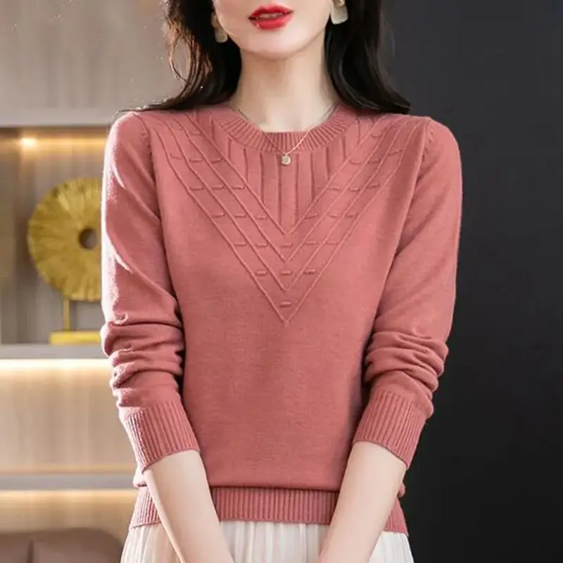 Round Neck Screw Thread Women\'s Clothing Autumn Winter Solid Color Pullover Sweater Knitted Elegant All-match Flattering Tops