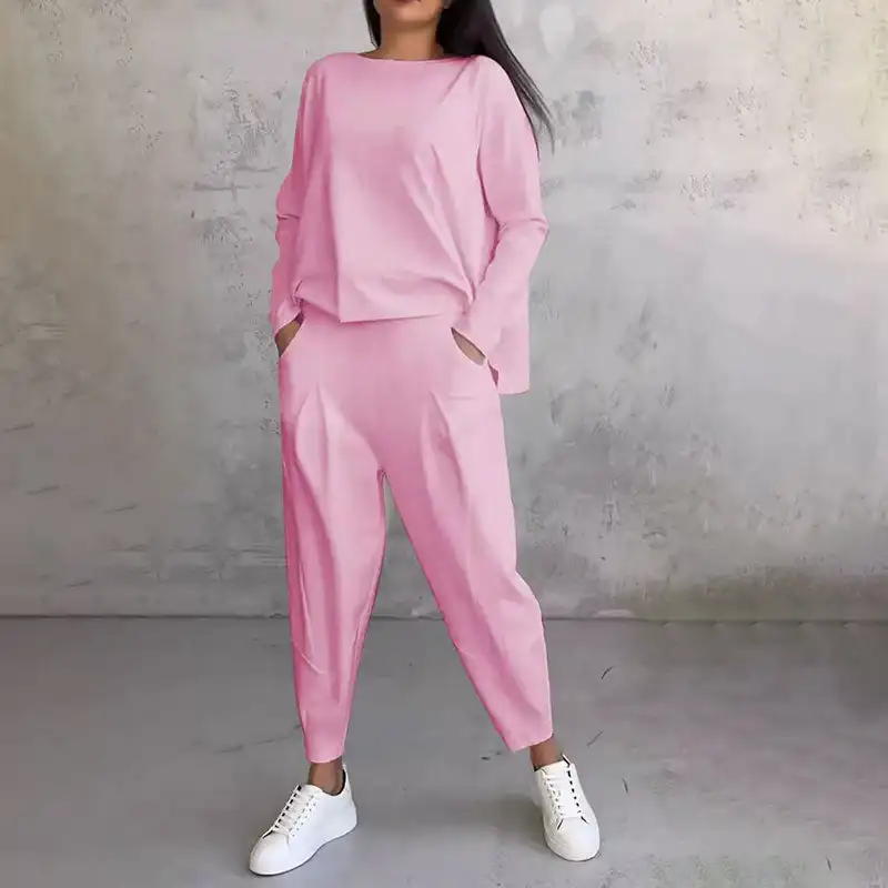 Round-Neck Long-Sleeved Top & Pants 2-Piece Set Conjunto de 2 Piezas de Top de Manga Larga con Cuello Redondo y Pantalones