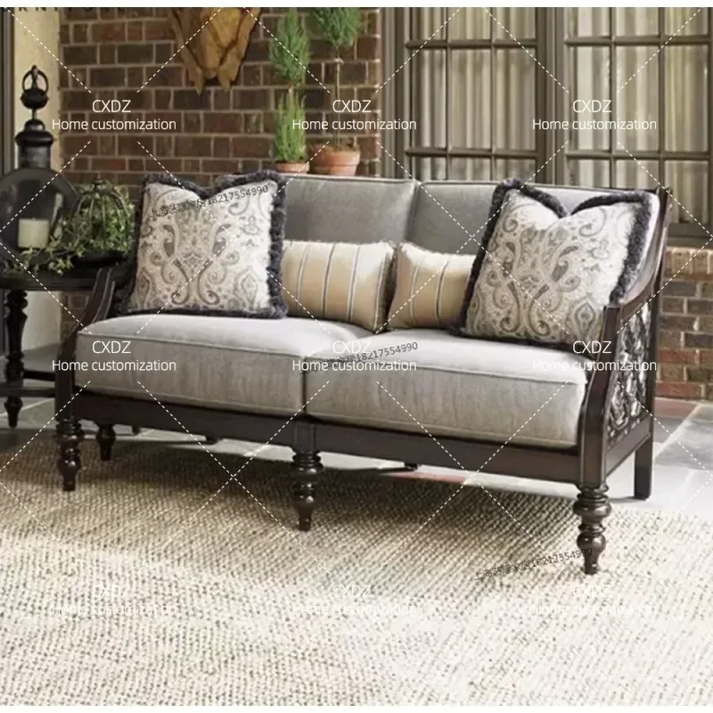 Carved Hollow Solid Wood Sofa Fabric Combination Single Double Three Seater Light Luxury Retro Style Living Room Furniture