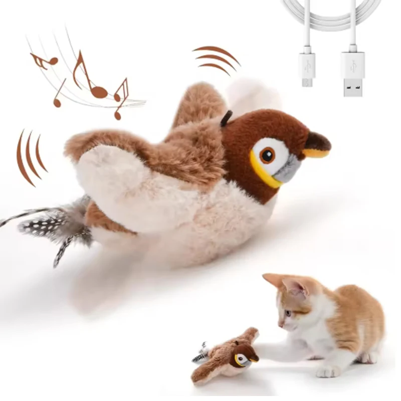 Juguete Interactivo para Gatos y Perros, Pájaro Simulado Recargable con Sonido y Movimiento (No Vuela), Juguete de Peluche Activado por Tacto para Mascotas
