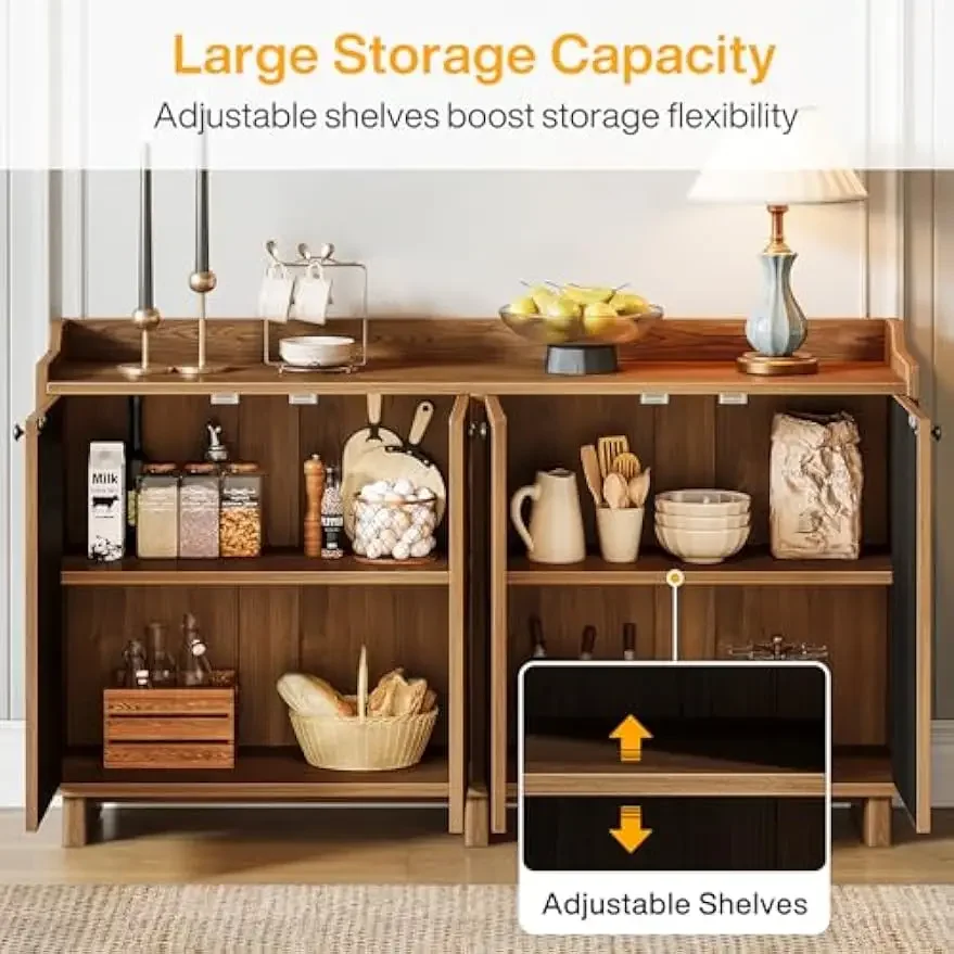 도어 및 조절 가능한 선반이 있는 농가 사이드 보드 뷔페 캐비닛, 목재 크레덴자 커피 바, 거실, 다이닝룸