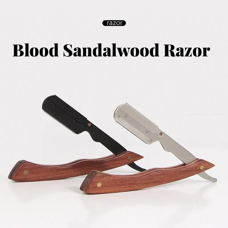 Men Stainless Steel Hair Razor Folding Retro Manual Shaving Knife Holder Blood Sandalwood Handle Barber Tools Free 10pcs Blades