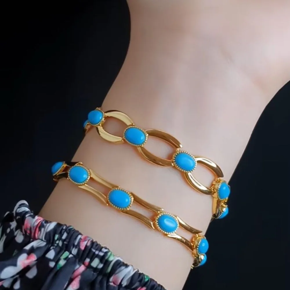 Fashion Turquoise Gold Plated Bracelet 21k Gold Color Muslim Elegant Bangles Dubai Saudi Women Wedding Party Jewelry