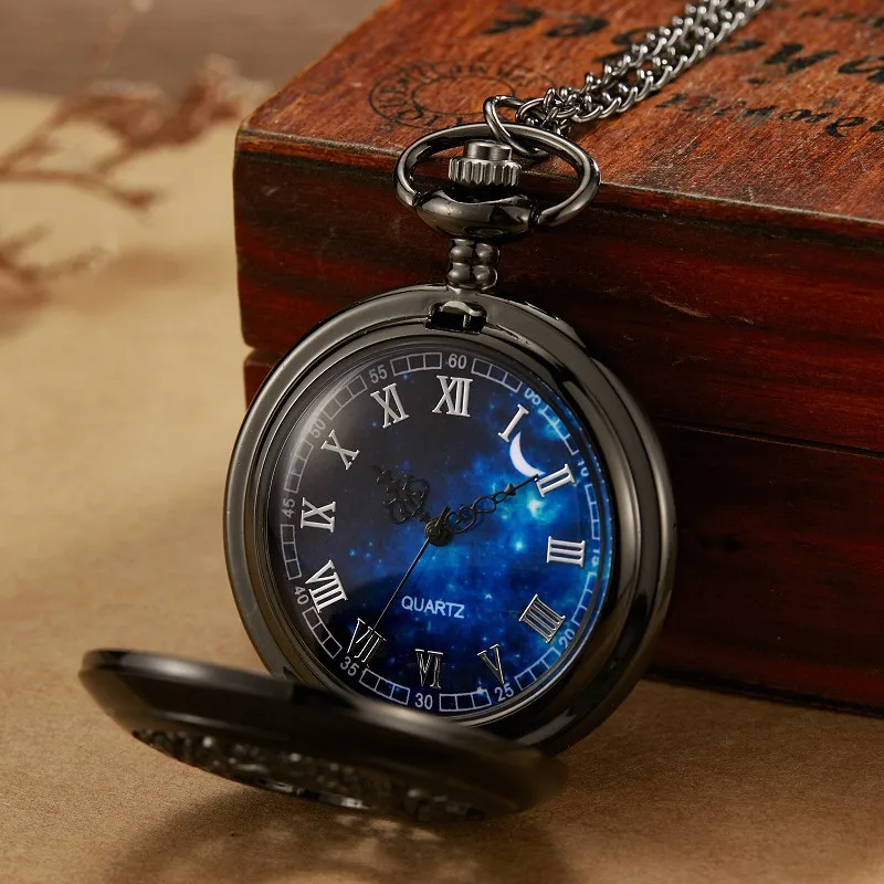 Exquisita esfera azul estrellada colgante, reloj de bolsillo de cuarzo con Caja hueca plateada, números romanos, relojes Retro