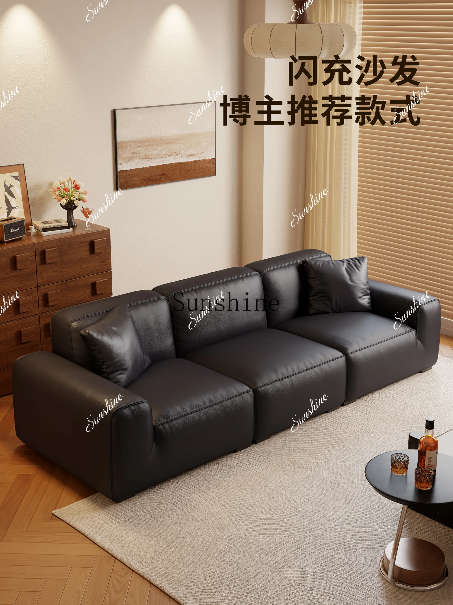 First layer cowhide living room household small apartment straight row antique black sofa FT