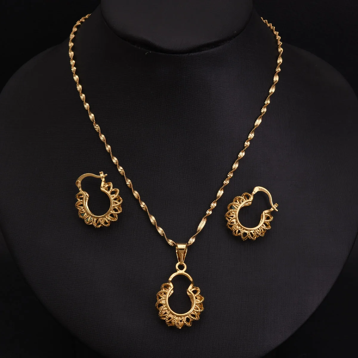 Bangrui Ethiopian Gold Color set Jewelry Pendant Chain Earrings African Bride Wedding Flower Bijoux