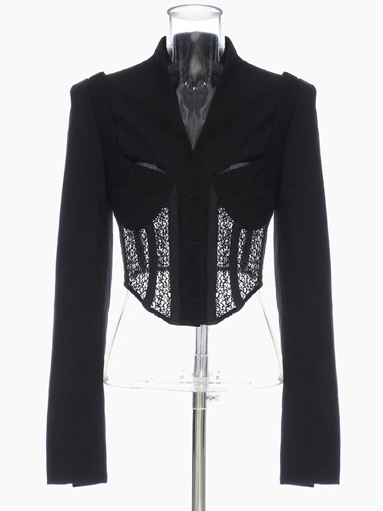 TWOTWINSTYLE Blazer in pizzo impiombato elegante solido per le donne scollo a V manica lunga dimagrante scava fuori il Blazer corto abbigliamento femminile