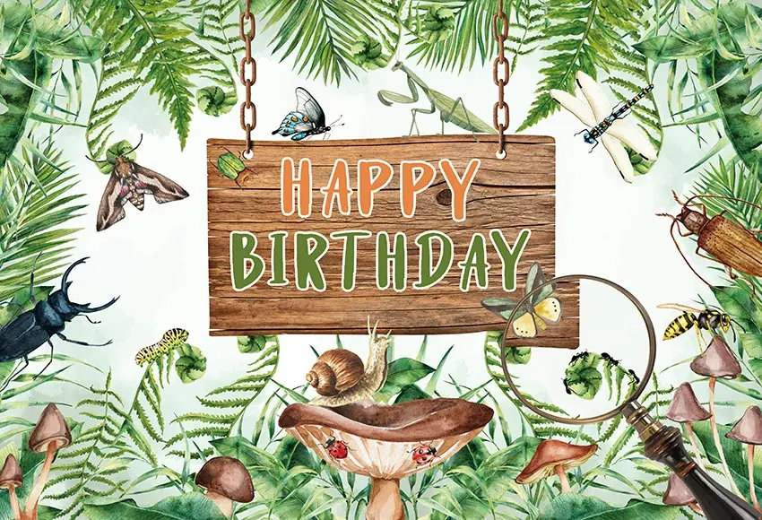 Pano de fundo de aniversário com tema de insetos, cenário de aniversário infantil, folhas verdes tropicais, decoração de festa, adereços para fotos