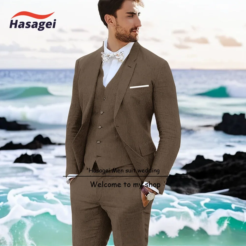 Summer Linen Suit for Men Beach Wedding Tuxedo Jacket Pants Vest 3-piece Set Groom Customized Blazer Set