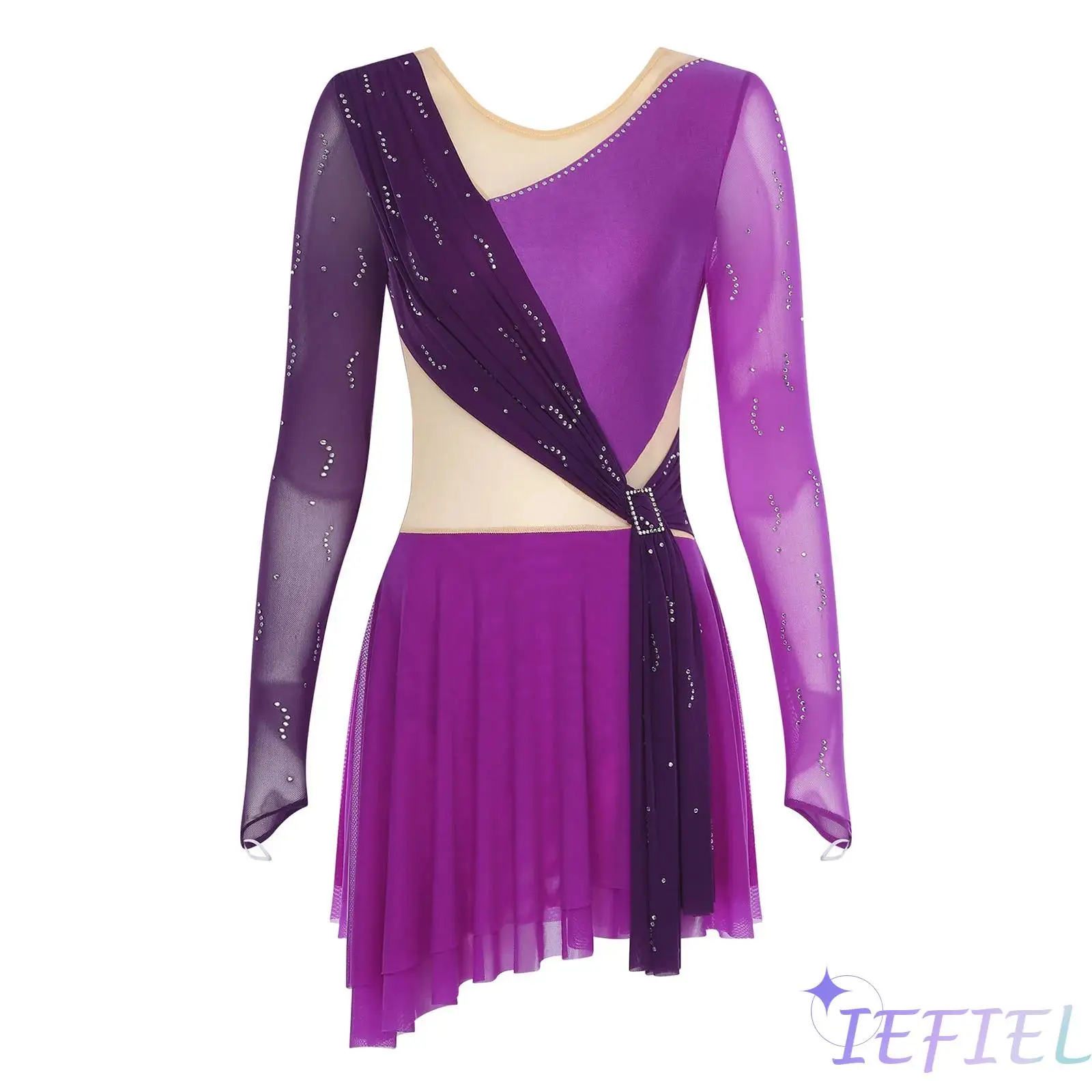 

Womens Ballet Dance Dress Contrast Color Mesh Rhinestone Long Sleeve Rhythmic Openable Crotch Leotard Figure Skating Gymnastics