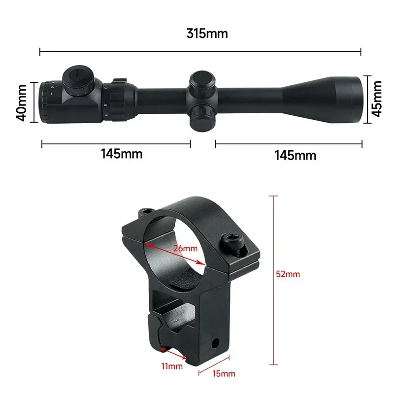 Imagem -04 - Caça Sniper Riflescope Visão Óptica Verde e Vermelho Iluminado Air Rifle Óptica Airsoft Scopes 11 mm 20 mm Rail 3-9x40